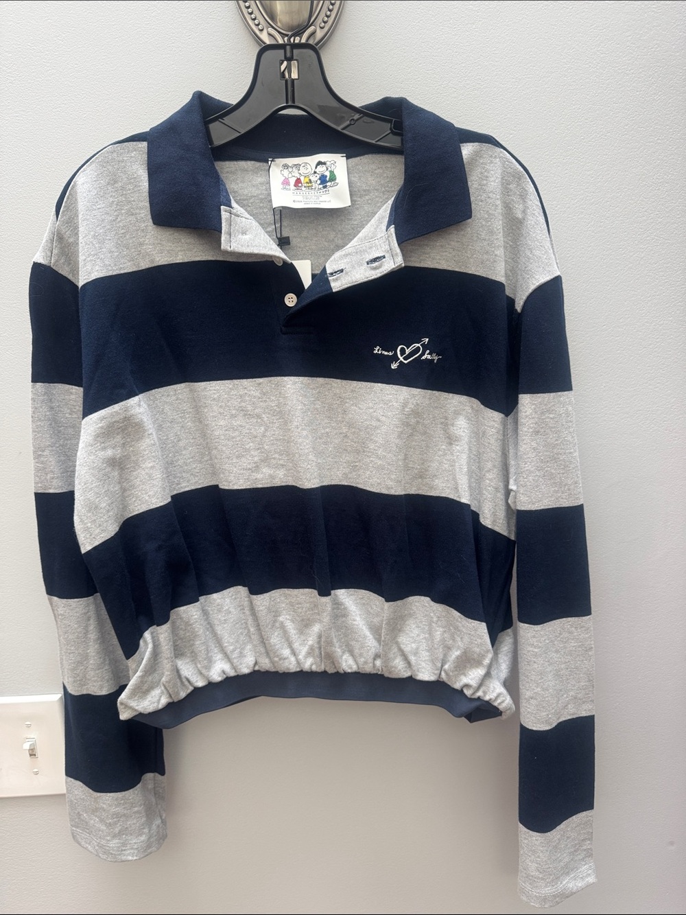 Marge Sherwood Linus and Sally Navy and Gray Striped V-Neck Rugby Top